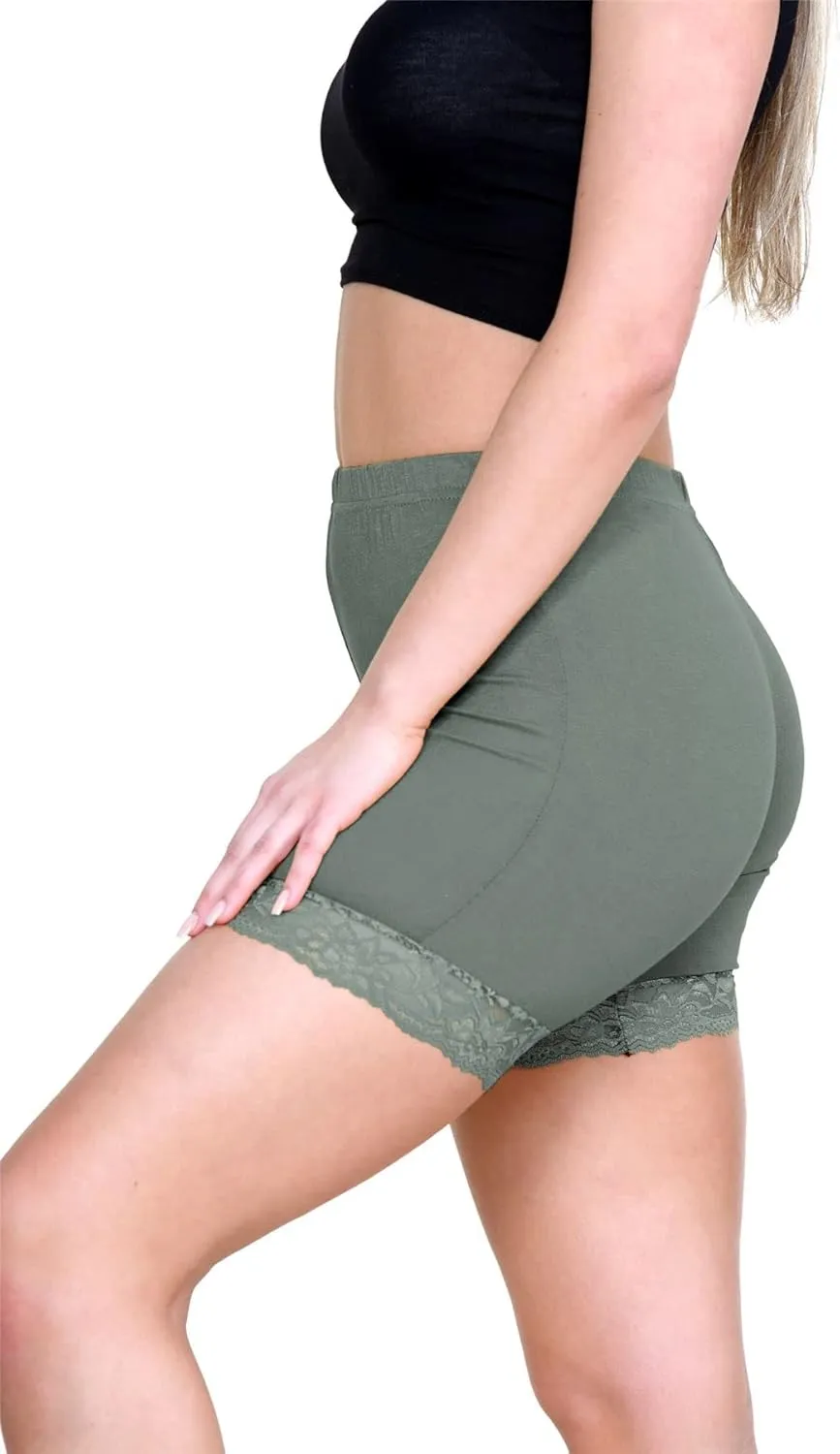 Womens Scallop Lace Trim Plain Gym Bike Tights Viscose Cycling Shorts Hot Pants