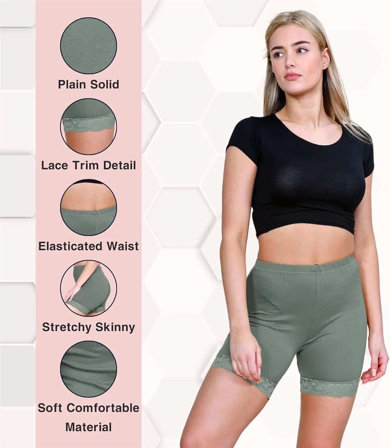 Womens Scallop Lace Trim Plain Gym Bike Tights Viscose Cycling Shorts Hot Pants