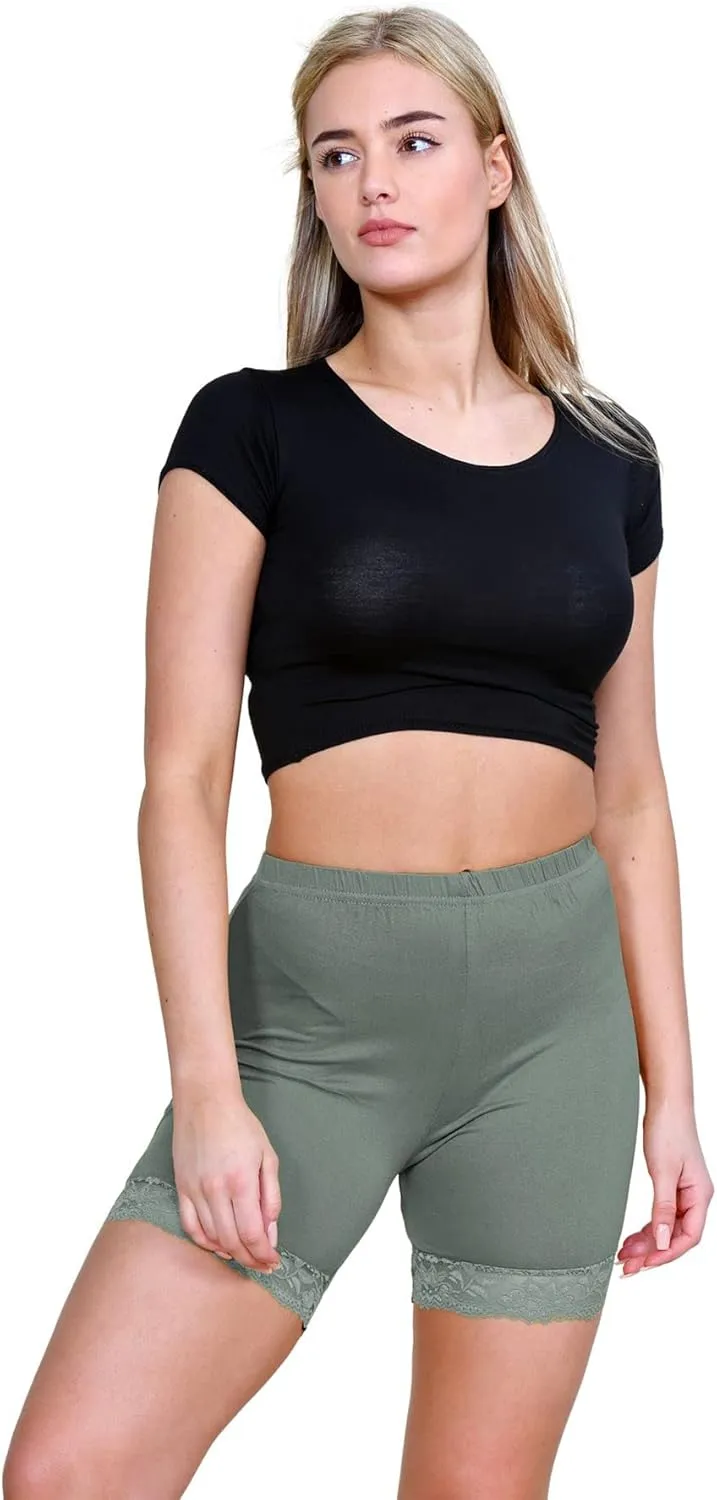 Womens Scallop Lace Trim Plain Gym Bike Tights Viscose Cycling Shorts Hot Pants