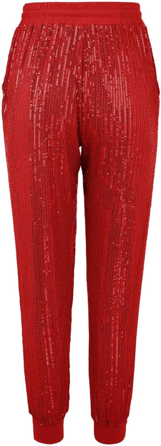 Womens Sequin Jogging Pants High Waist Drawstring Sweatpants Elastic Waist Loose Fit Shimmer Trousers with Pockets