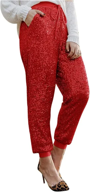 Womens Sequin Jogging Pants High Waist Drawstring Sweatpants Elastic Waist Loose Fit Shimmer Trousers with Pockets