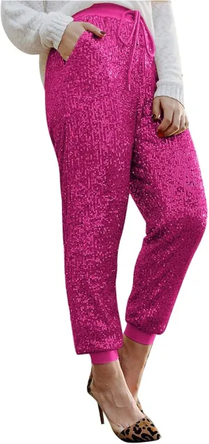 Womens Sequin Jogging Pants High Waist Drawstring Sweatpants Elastic Waist Loose Fit Shimmer Trousers with Pockets