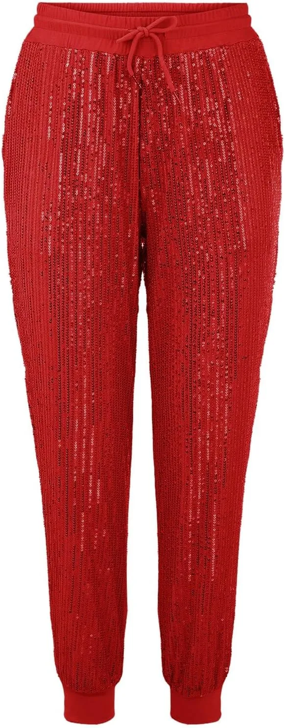 Womens Sequin Jogging Pants High Waist Drawstring Sweatpants Elastic Waist Loose Fit Shimmer Trousers with Pockets