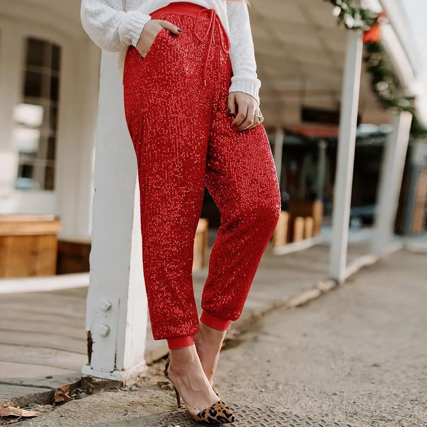 Womens Sequin Jogging Pants High Waist Drawstring Sweatpants Elastic Waist Loose Fit Shimmer Trousers with Pockets