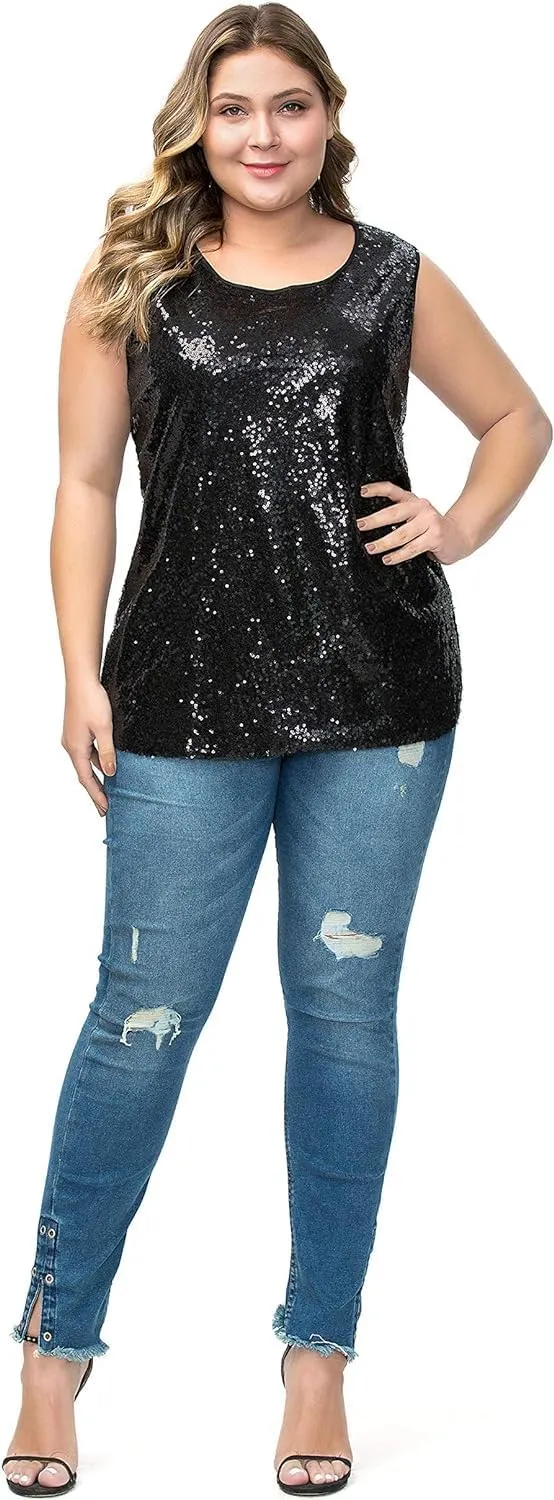 Women's Sequin Tops Plus Size Sparkle Glitter Sleeveless Vest Tank Tops Clubwear Party