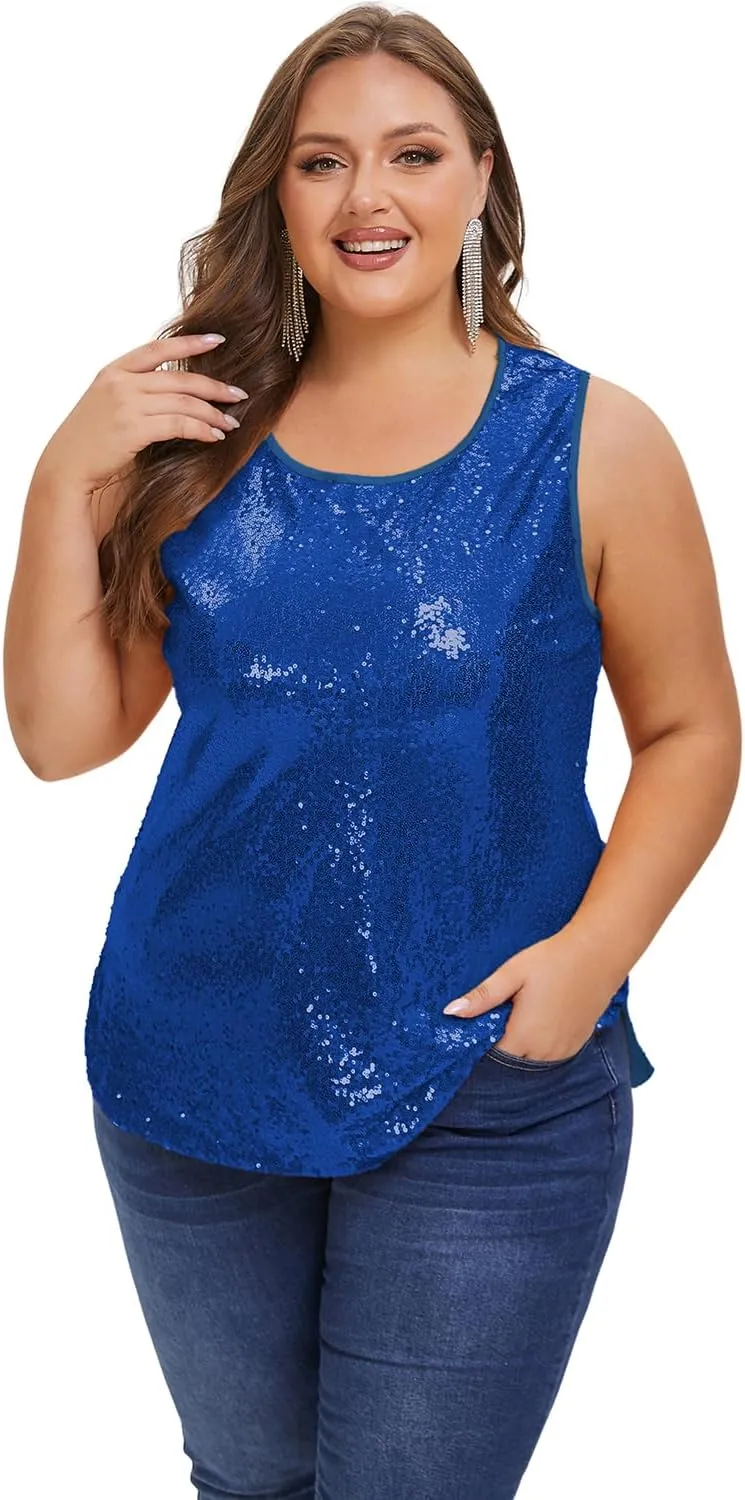 Women's Sequin Tops Plus Size Sparkle Glitter Sleeveless Vest Tank Tops Clubwear Party