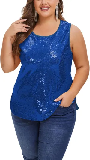 Women's Sequin Tops Plus Size Sparkle Glitter Sleeveless Vest Tank Tops Clubwear Party
