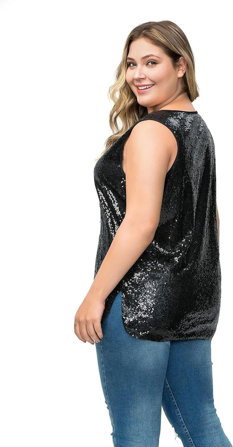 Women's Sequin Tops Plus Size Sparkle Glitter Sleeveless Vest Tank Tops Clubwear Party