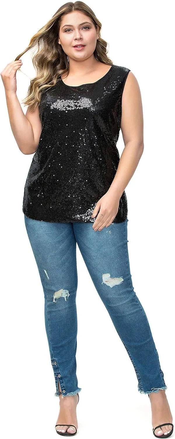 Women's Sequin Tops Plus Size Sparkle Glitter Sleeveless Vest Tank Tops Clubwear Party