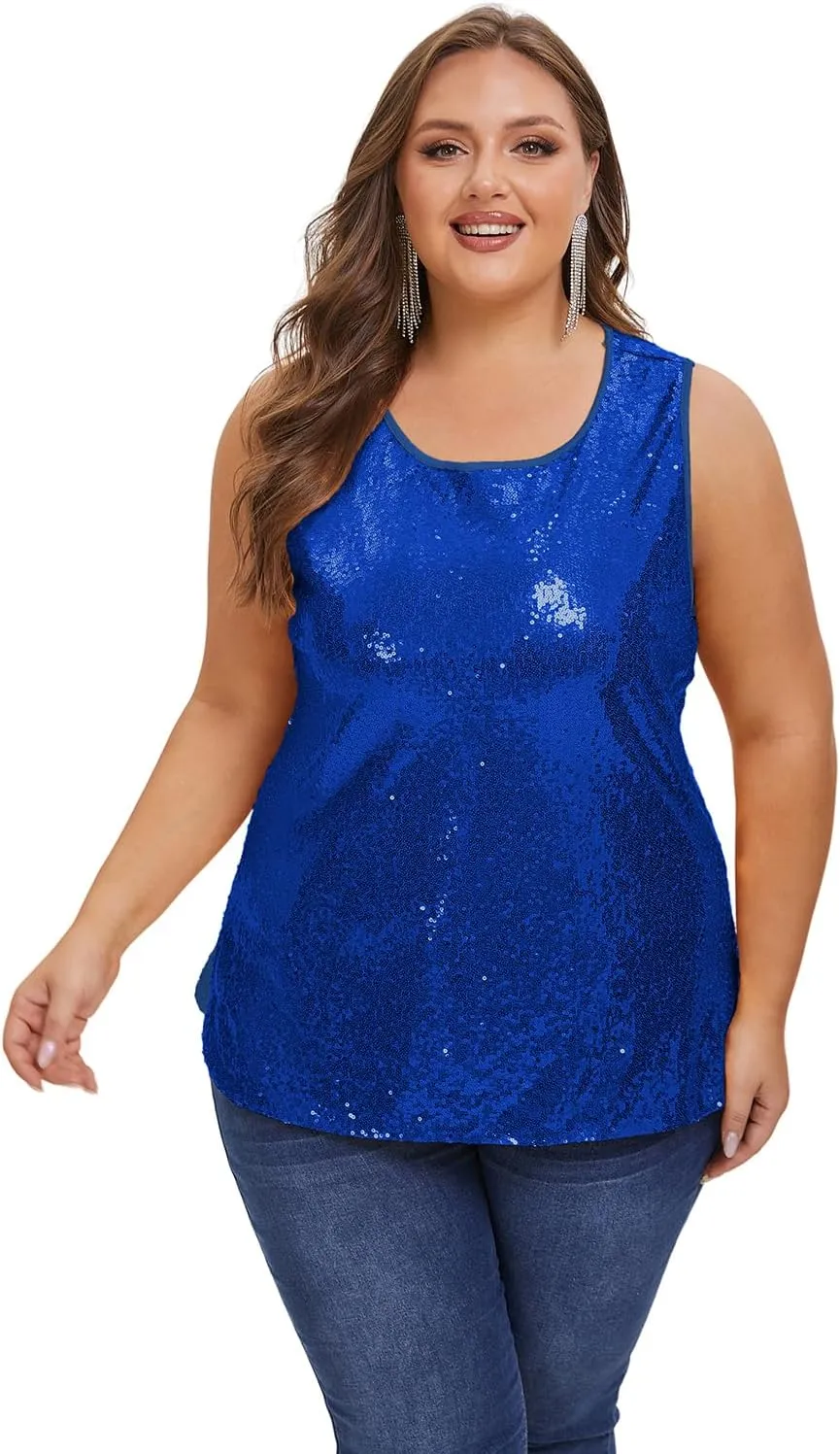 Women's Sequin Tops Plus Size Sparkle Glitter Sleeveless Vest Tank Tops Clubwear Party