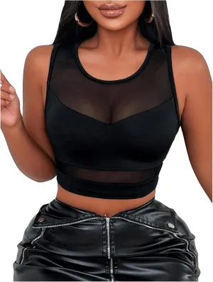 Women's Sheer Mesh Sleeveless Tank Top Slim Fit Crew Neck Crop Tops Party Club Tops
