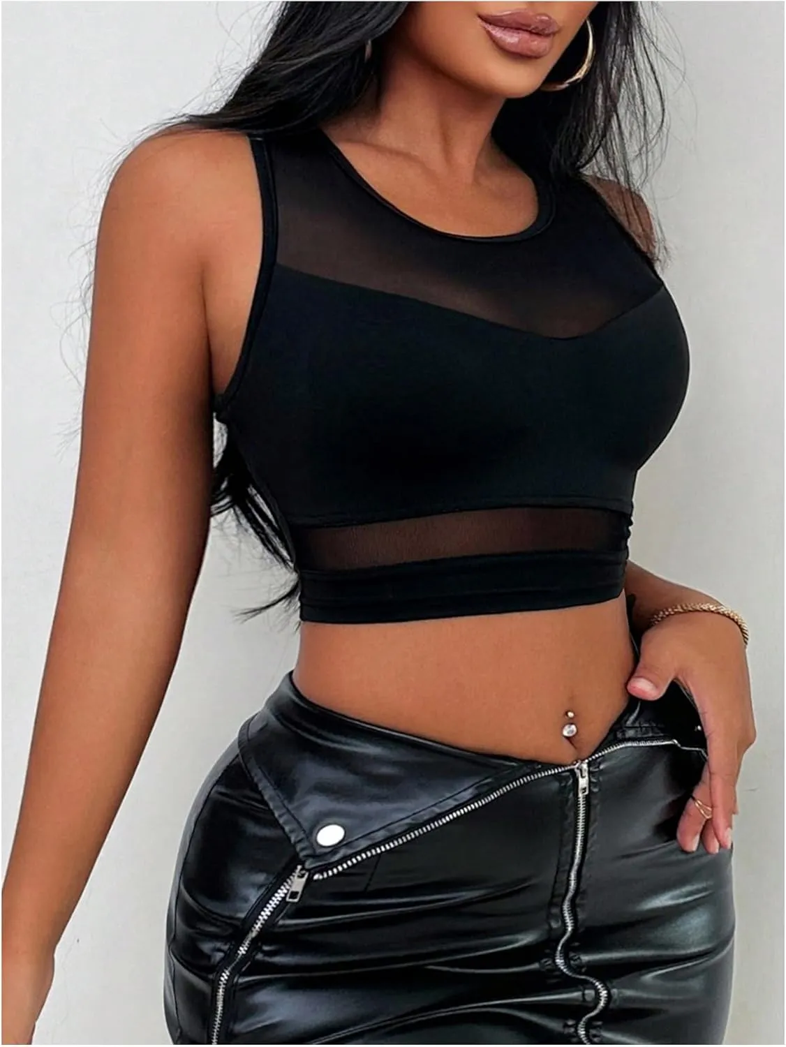 Women's Sheer Mesh Sleeveless Tank Top Slim Fit Crew Neck Crop Tops Party Club Tops