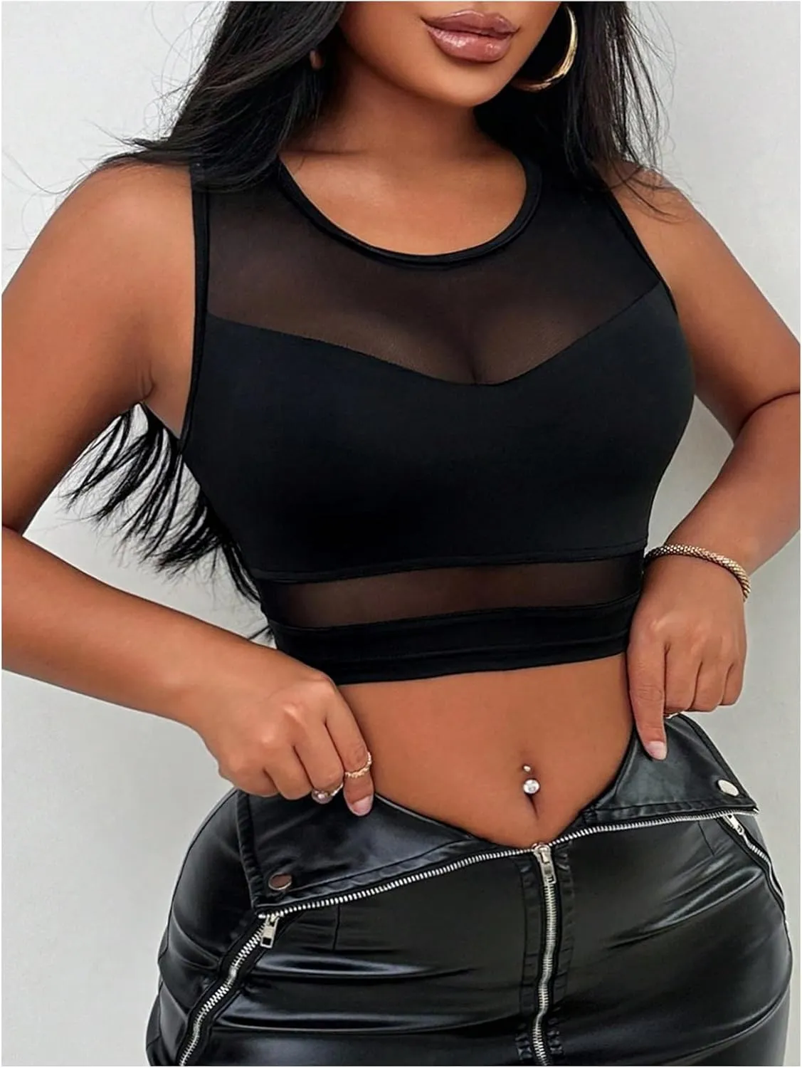 Women's Sheer Mesh Sleeveless Tank Top Slim Fit Crew Neck Crop Tops Party Club Tops