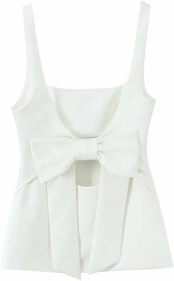 Womens Sleeveless Solid Color Crop Camisole Backless Bow Tank Party Tops