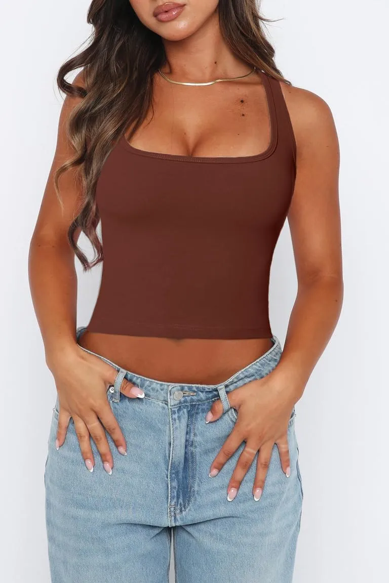 Womens Solid Square Neck Sleevless Crop Tops Summer Casual Basic Racerback Tank Tops