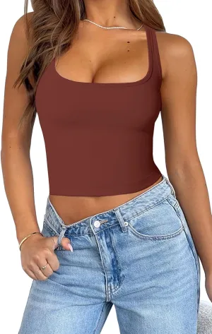 Womens Solid Square Neck Sleevless Crop Tops Summer Casual Basic Racerback Tank Tops