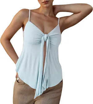 Women's Spaghetti Strap Tie Front Split Cami Tops Sleeveless Knot Camisole Slim Fit Shirts