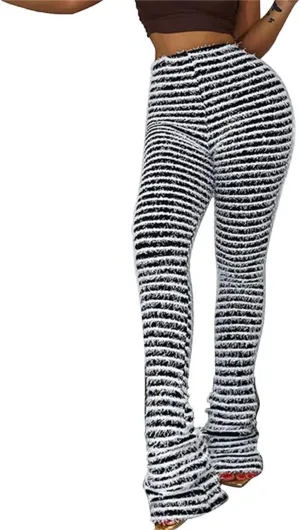 Womens Stacked Leggings High Waist Striped Skinny Bell Bottoms Pants Causal Sweatpants