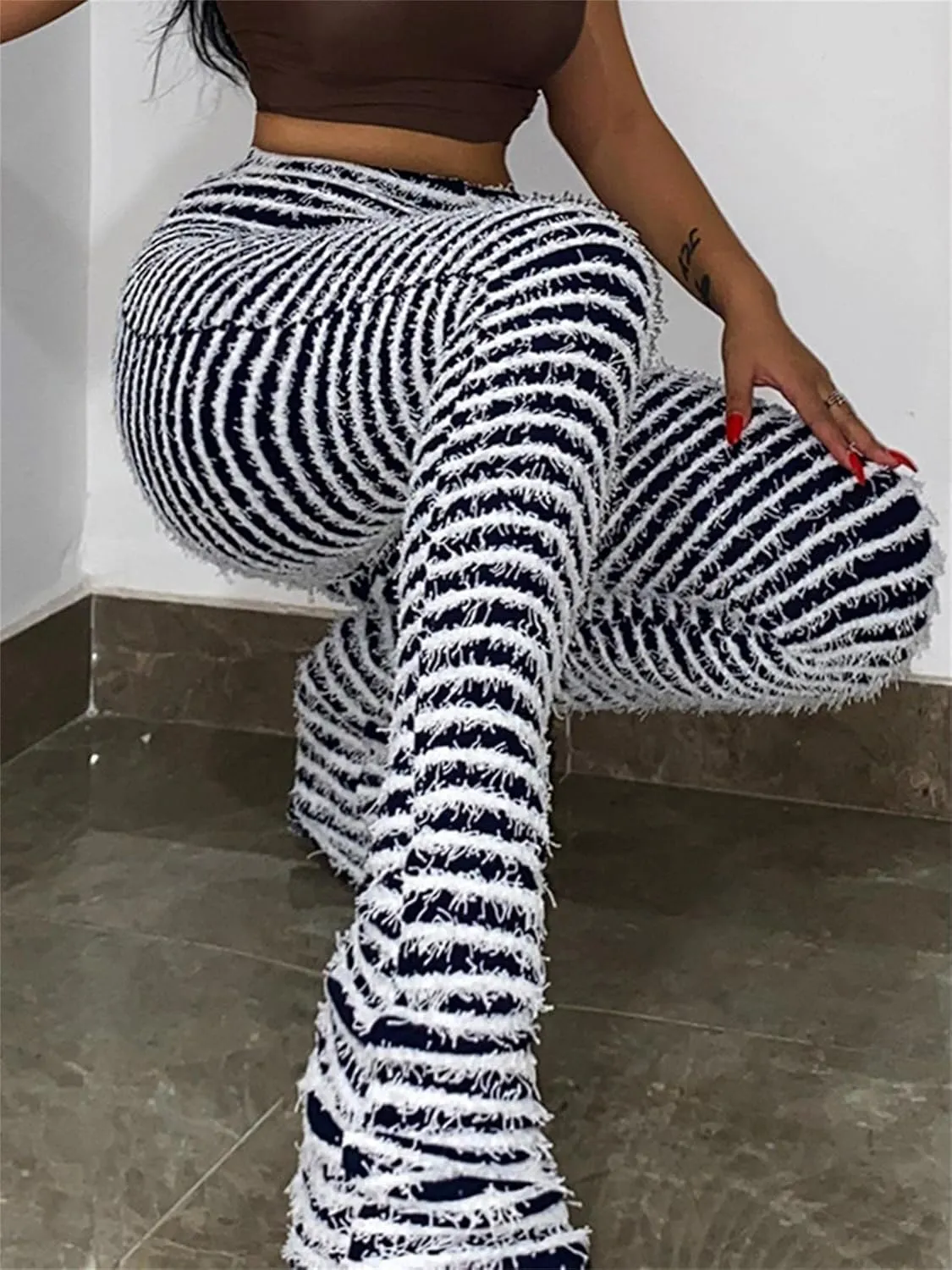 Womens Stacked Leggings High Waist Striped Skinny Bell Bottoms Pants Causal Sweatpants