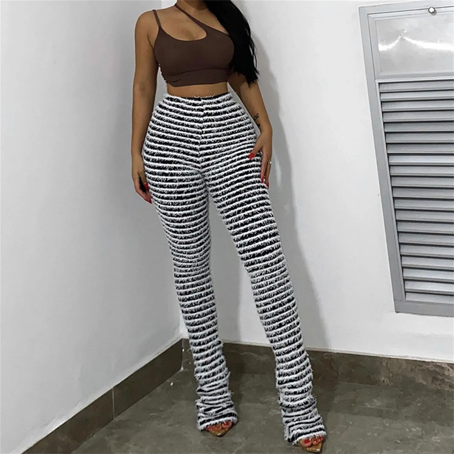 Womens Stacked Leggings High Waist Striped Skinny Bell Bottoms Pants Causal Sweatpants