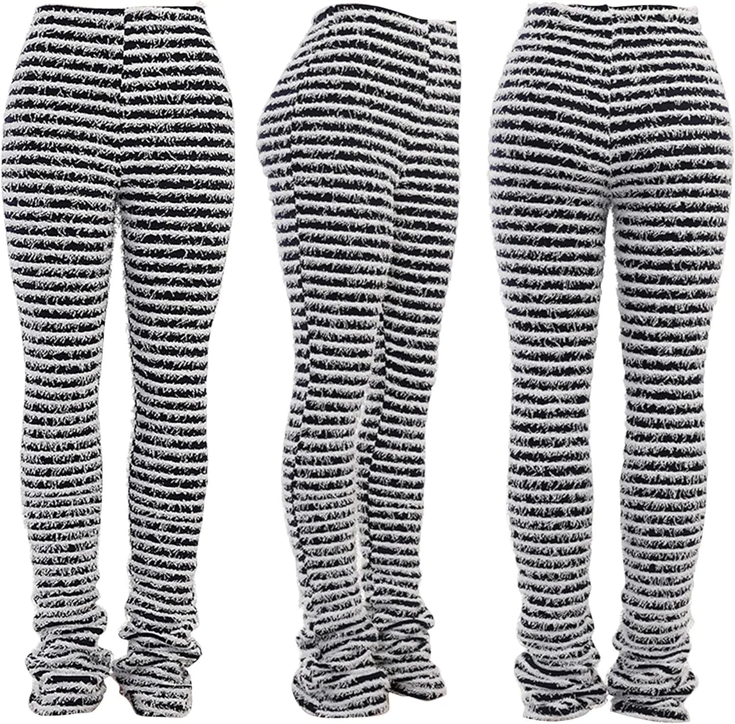 Womens Stacked Leggings High Waist Striped Skinny Bell Bottoms Pants Causal Sweatpants