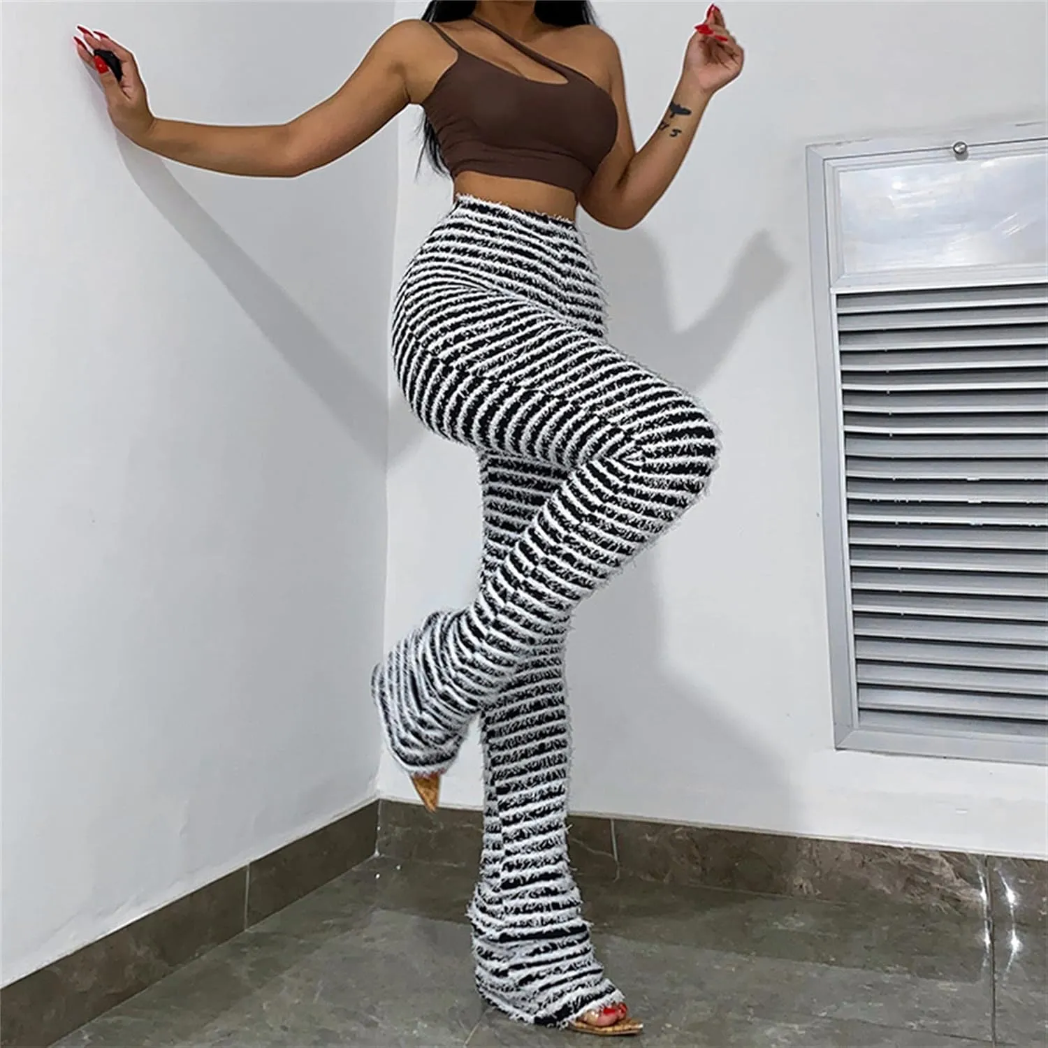 Womens Stacked Leggings High Waist Striped Skinny Bell Bottoms Pants Causal Sweatpants