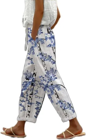 Women's Summer Boho Floral Casual Linen Pants Elastic High Waisted Wide Leg Beach Trousers with Pockets Plus Size