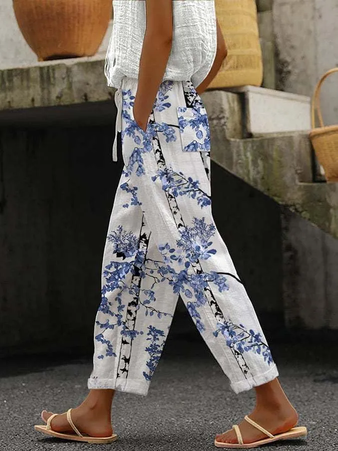 Women's Summer Boho Floral Casual Linen Pants Elastic High Waisted Wide Leg Beach Trousers with Pockets Plus Size