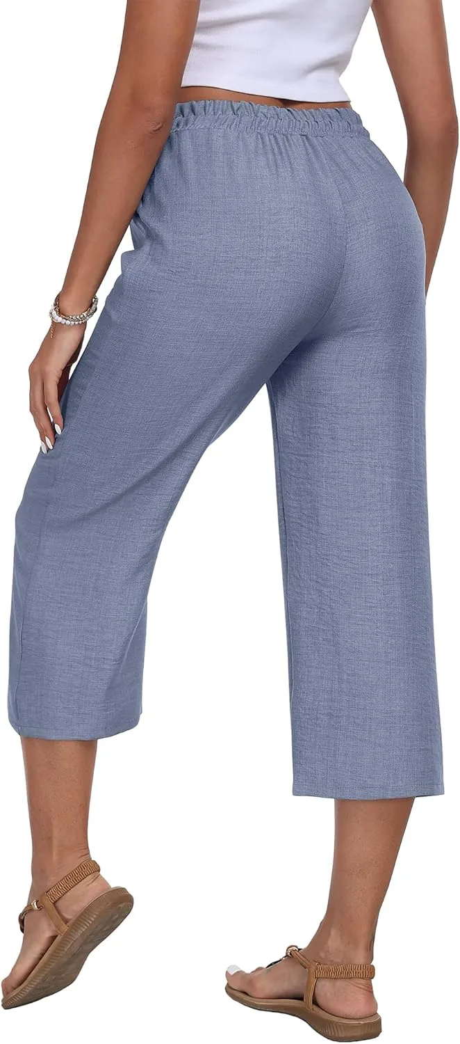 Womens Summer Capri Pants Wide Leg Elastic Waist Casual Business Pants Loose Work Lounge Trousers with Pockets