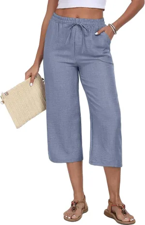 Womens Summer Capri Pants Wide Leg Elastic Waist Casual Business Pants Loose Work Lounge Trousers with Pockets