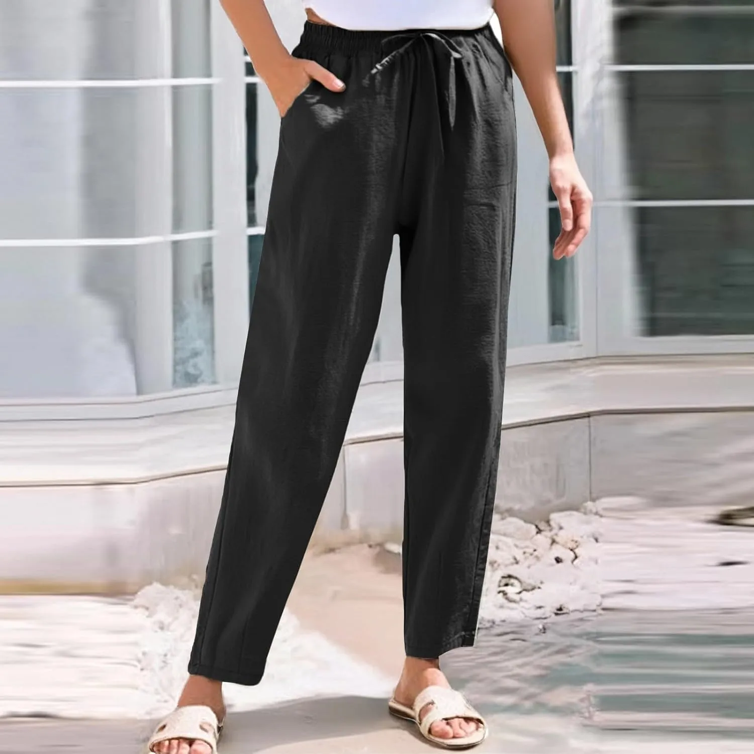 Womens Summer Casual Cotton and Linen High Waist Pants 2025 Fashion Drawstring Loose Fit Trousers with Pockets