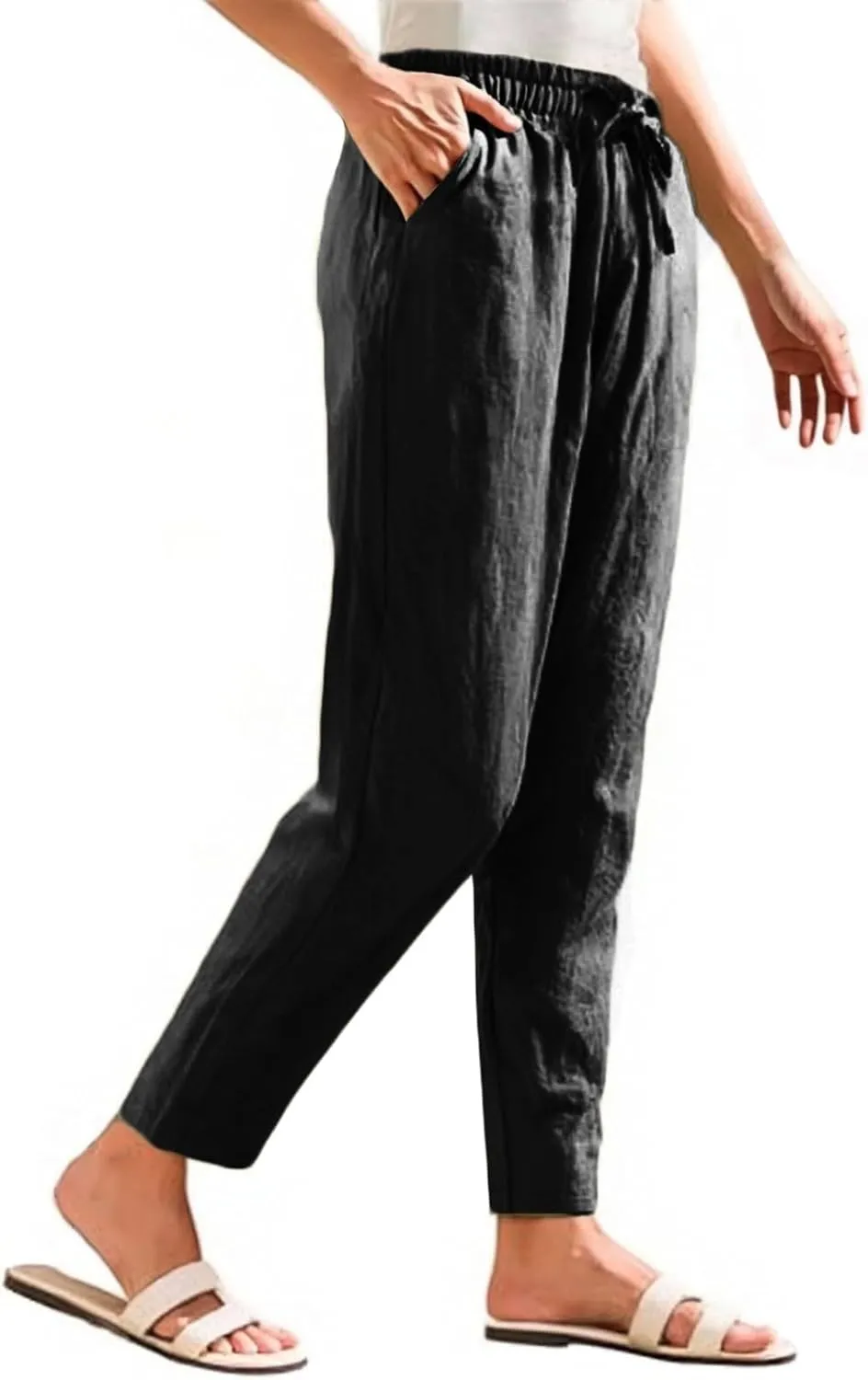 Womens Summer Casual Cotton and Linen High Waist Pants 2025 Fashion Drawstring Loose Fit Trousers with Pockets