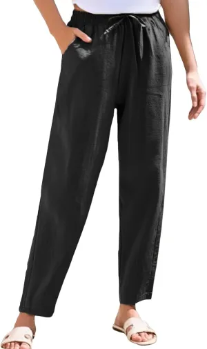 Womens Summer Casual Cotton and Linen High Waist Pants 2025 Fashion Drawstring Loose Fit Trousers with Pockets
