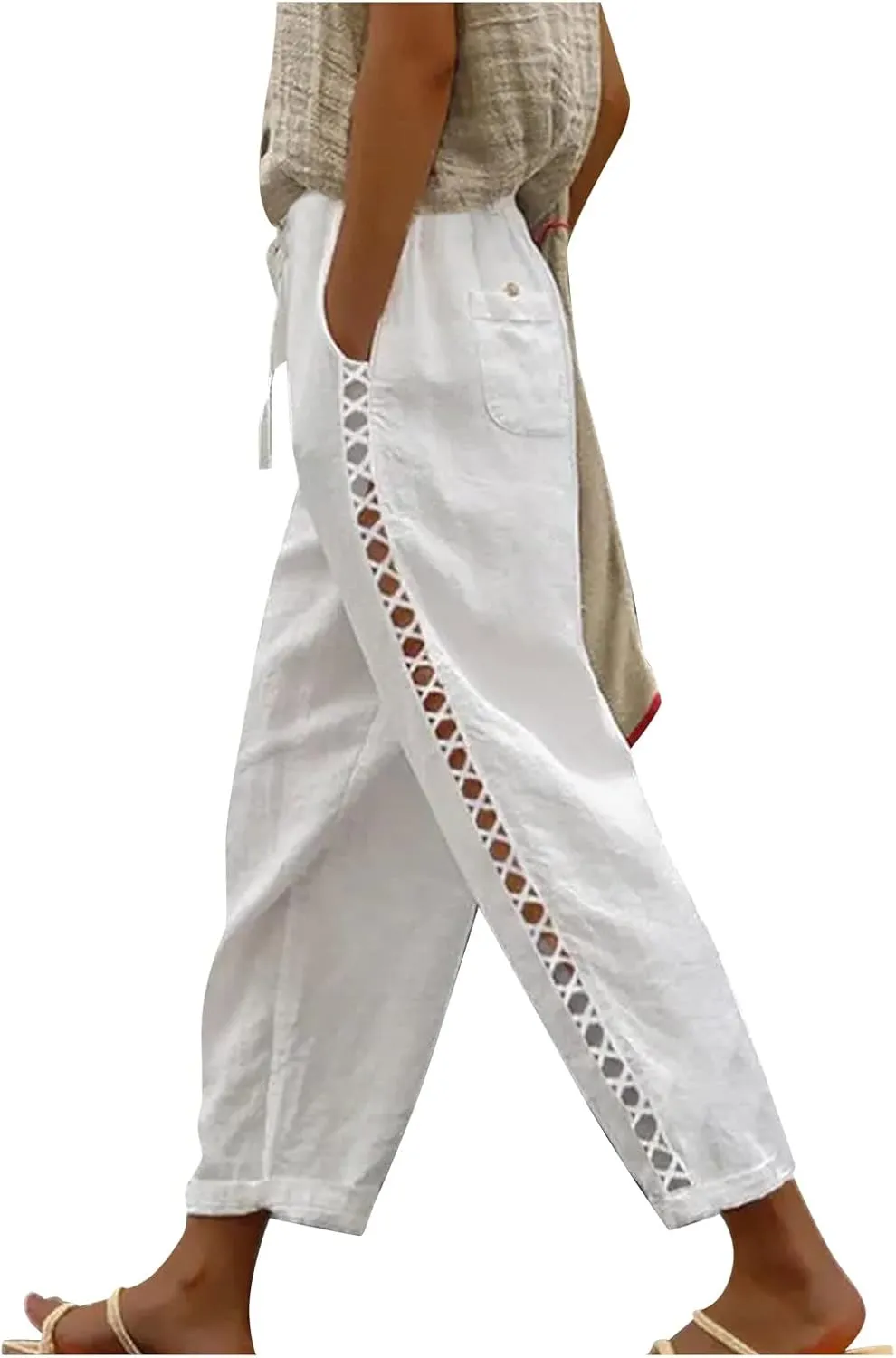 Women's Summer Casual Linen Pants Capris Drawstring Elastic High Waist Cotton Linen Cropped Trousers with Pockets