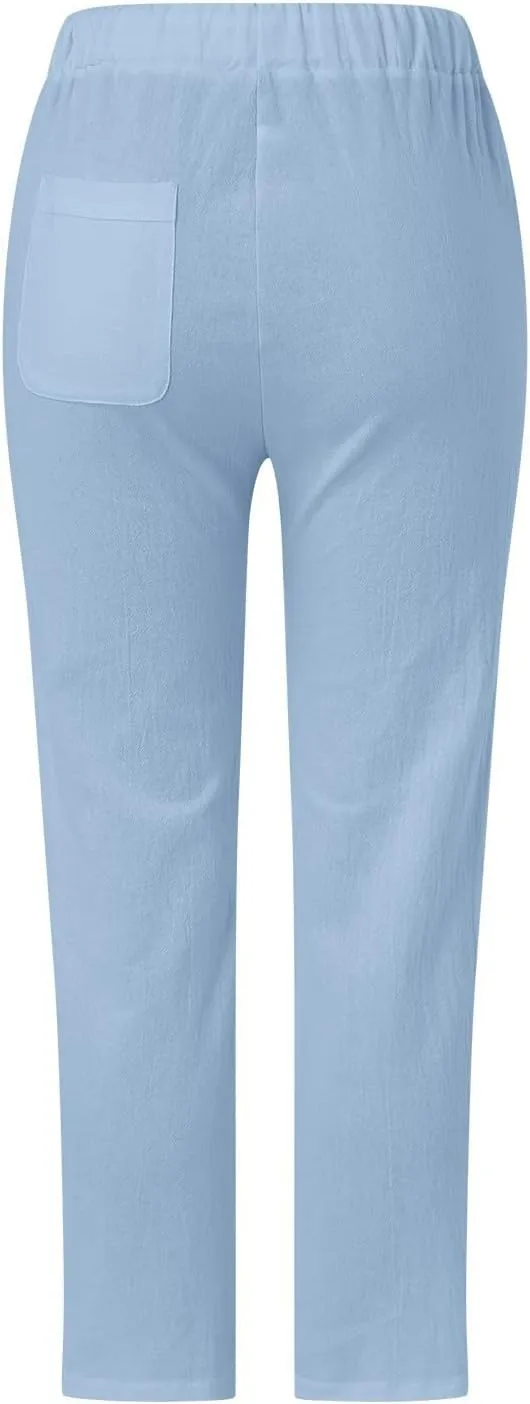 Women's Summer Casual Linen Pants Capris Drawstring Elastic High Waist Cotton Linen Cropped Trousers with Pockets