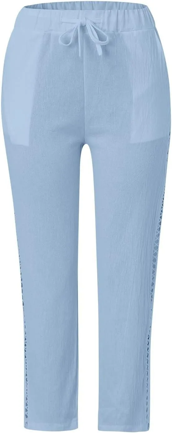 Women's Summer Casual Linen Pants Capris Drawstring Elastic High Waist Cotton Linen Cropped Trousers with Pockets