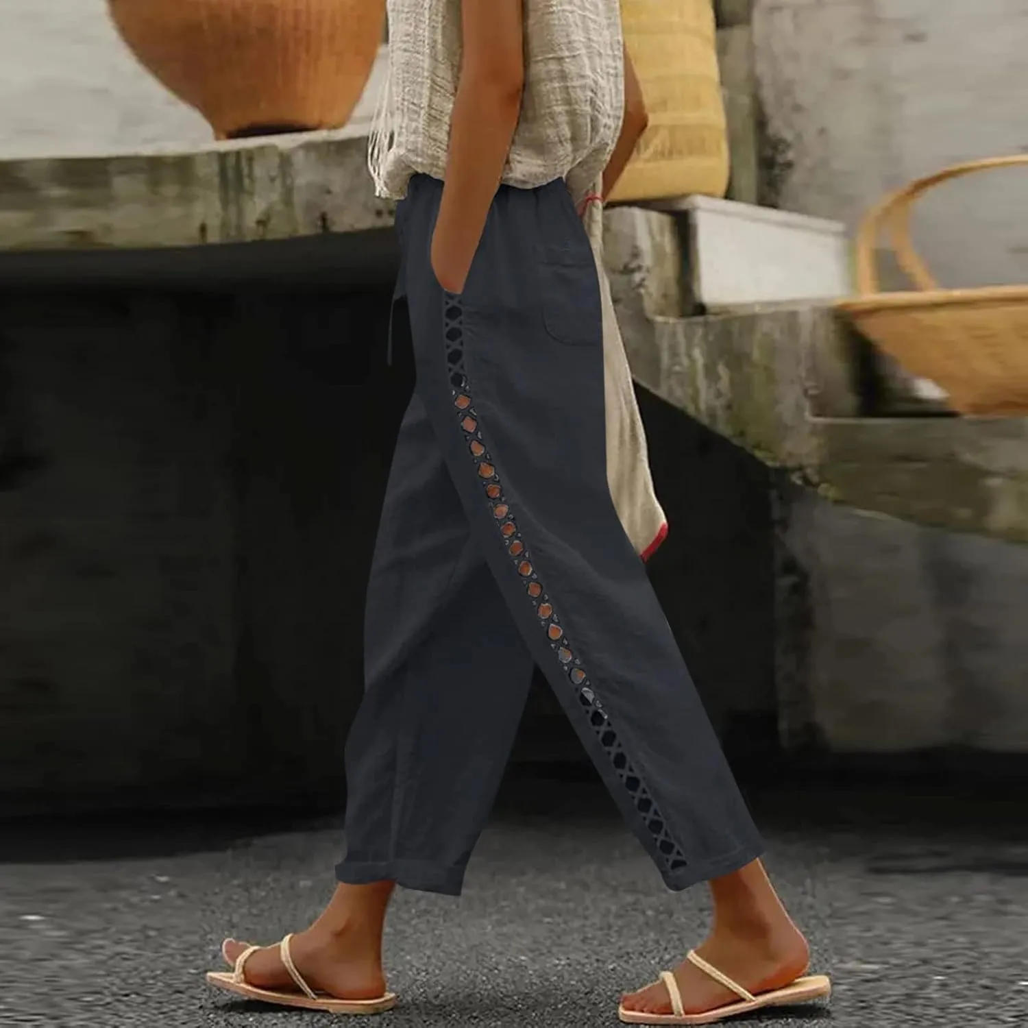 Women's Summer Casual Linen Pants Capris Drawstring Elastic High Waist Cotton Linen Cropped Trousers with Pockets