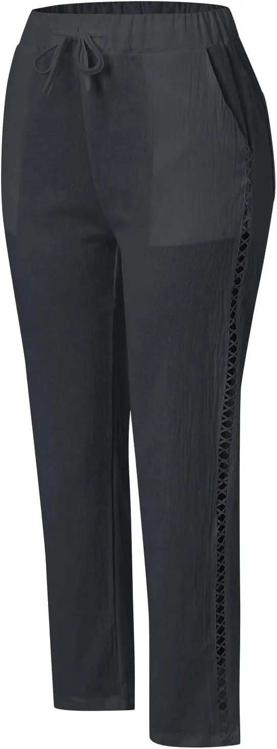 Women's Summer Casual Linen Pants Capris Drawstring Elastic High Waist Cotton Linen Cropped Trousers with Pockets