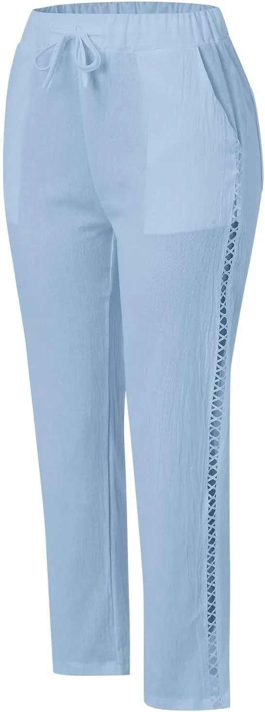 Women's Summer Casual Linen Pants Capris Drawstring Elastic High Waist Cotton Linen Cropped Trousers with Pockets