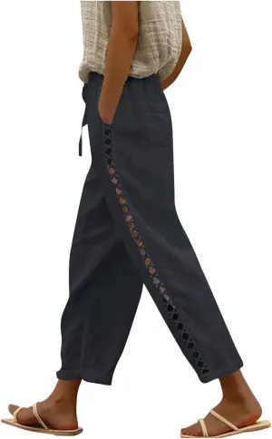 Women's Summer Casual Linen Pants Capris Drawstring Elastic High Waist Cotton Linen Cropped Trousers with Pockets