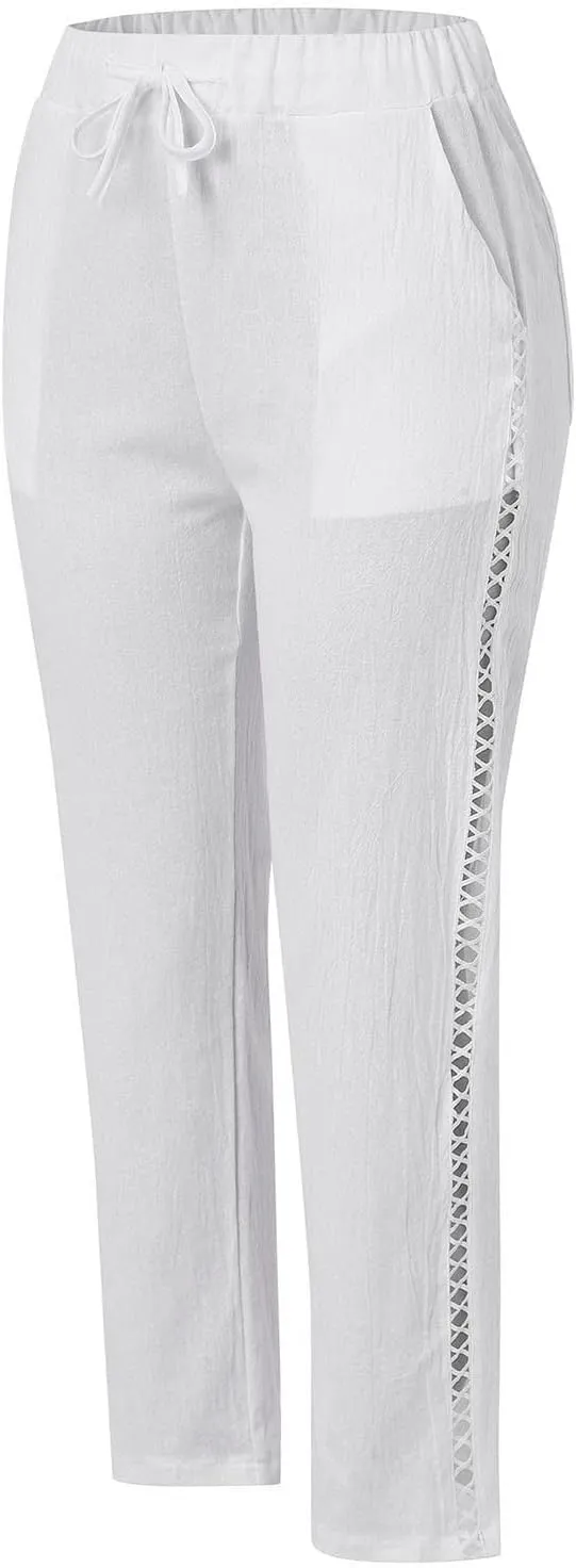 Women's Summer Casual Linen Pants Capris Drawstring Elastic High Waist Cotton Linen Cropped Trousers with Pockets