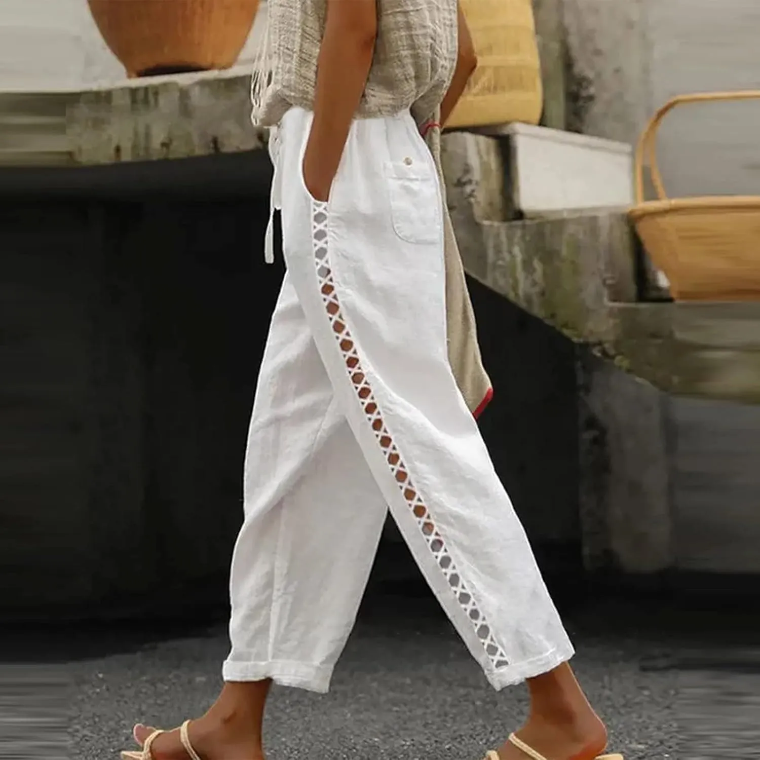 Women's Summer Casual Linen Pants Capris Drawstring Elastic High Waist Cotton Linen Cropped Trousers with Pockets