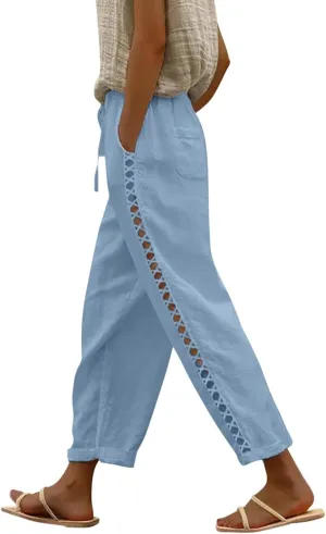Women's Summer Casual Linen Pants Capris Drawstring Elastic High Waist Cotton Linen Cropped Trousers with Pockets