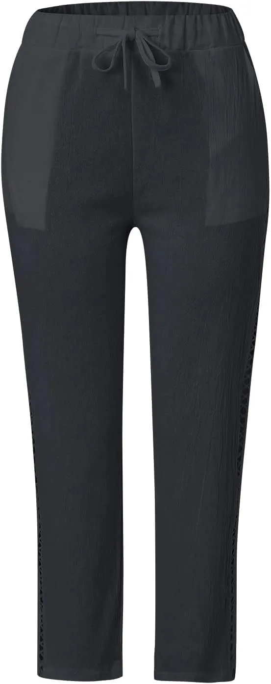 Women's Summer Casual Linen Pants Capris Drawstring Elastic High Waist Cotton Linen Cropped Trousers with Pockets