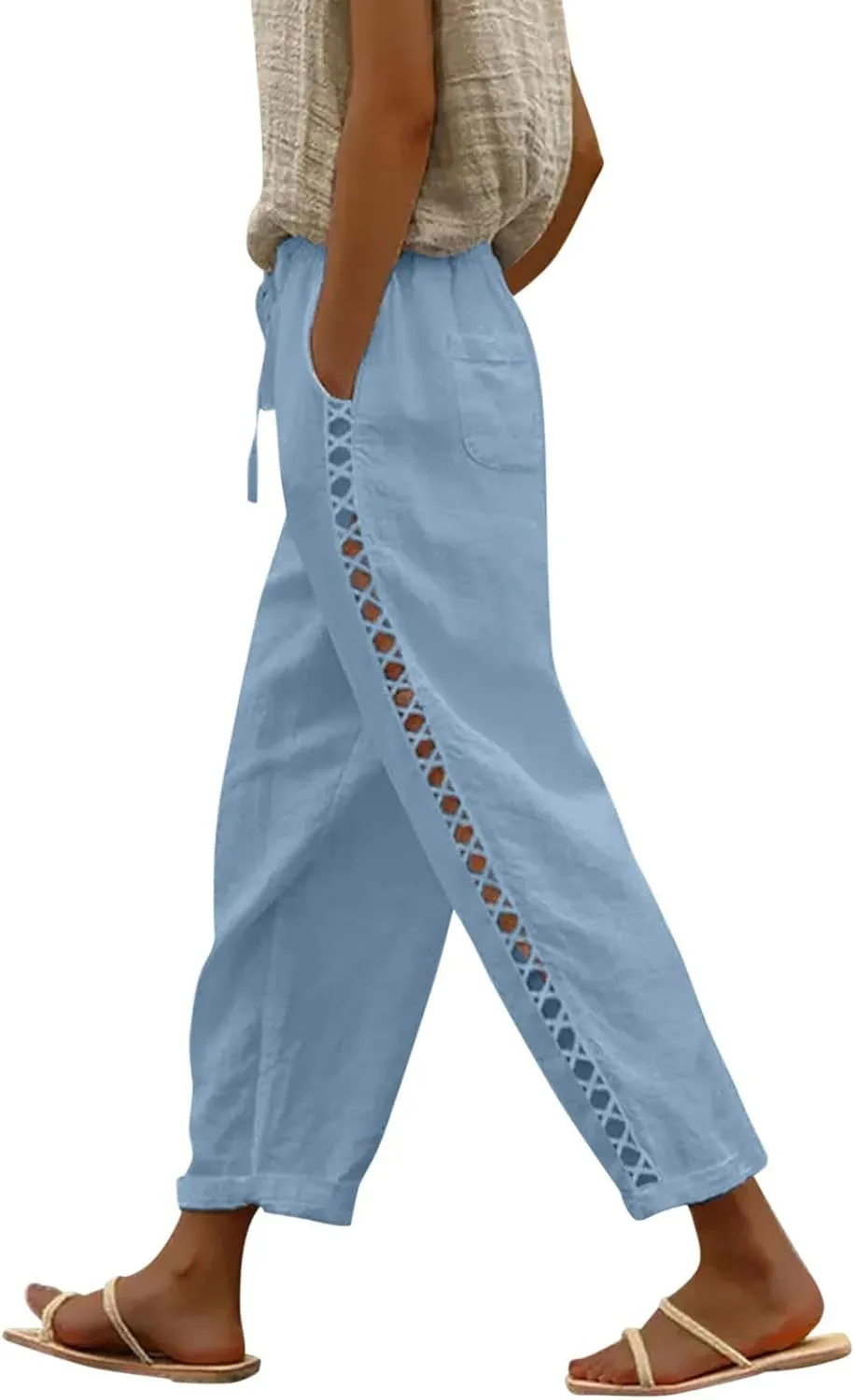 Women's Summer Casual Linen Pants Capris Drawstring Elastic High Waist Cotton Linen Cropped Trousers with Pockets