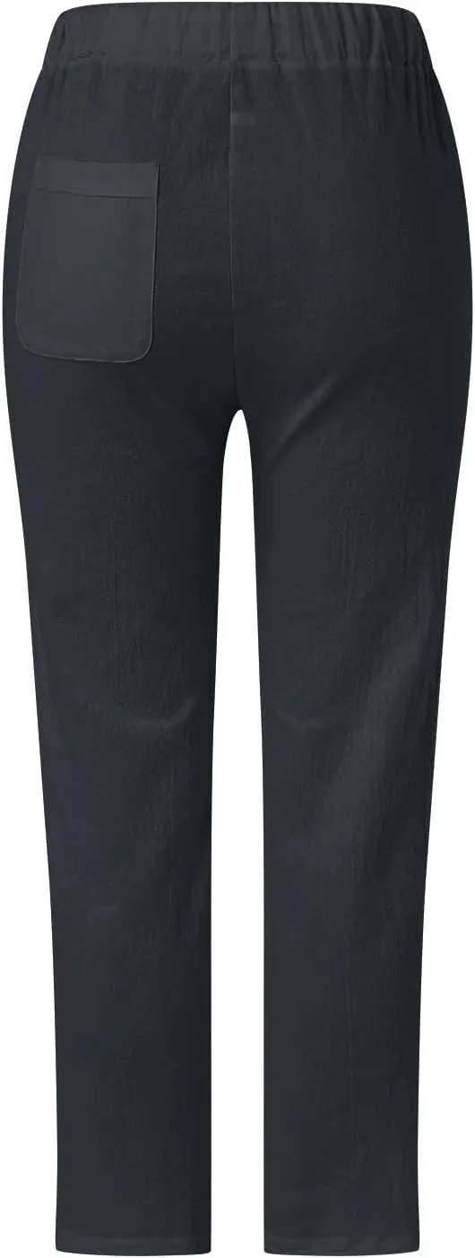 Women's Summer Casual Linen Pants Capris Drawstring Elastic High Waist Cotton Linen Cropped Trousers with Pockets