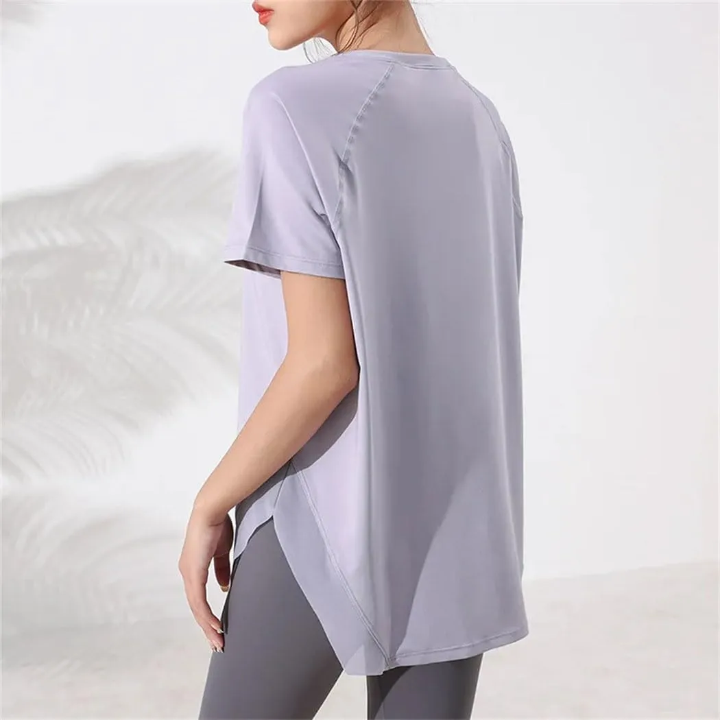 Women's Summer Loose Yoga Shirts Crewneck Short Sleeve Sport T-Shirts Running Fitness Quick Dry Tops