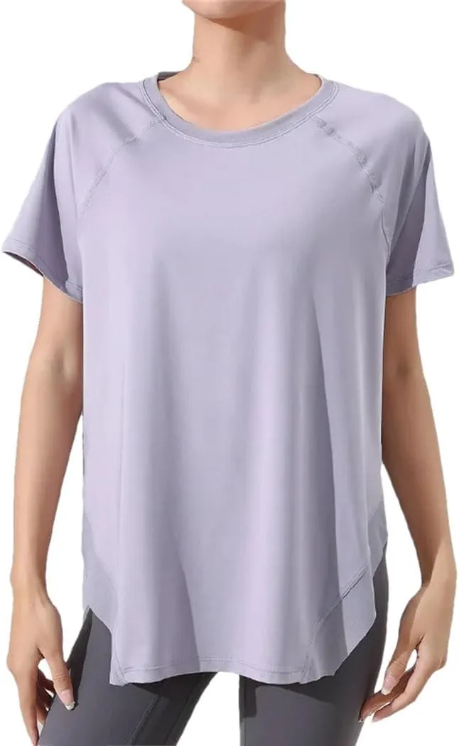 Women's Summer Loose Yoga Shirts Crewneck Short Sleeve Sport T-Shirts Running Fitness Quick Dry Tops