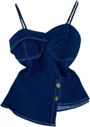 Women's Summer Sweet Crop Denim Camisole Stretchy Folds Irregular Camis Split Tank Tops
