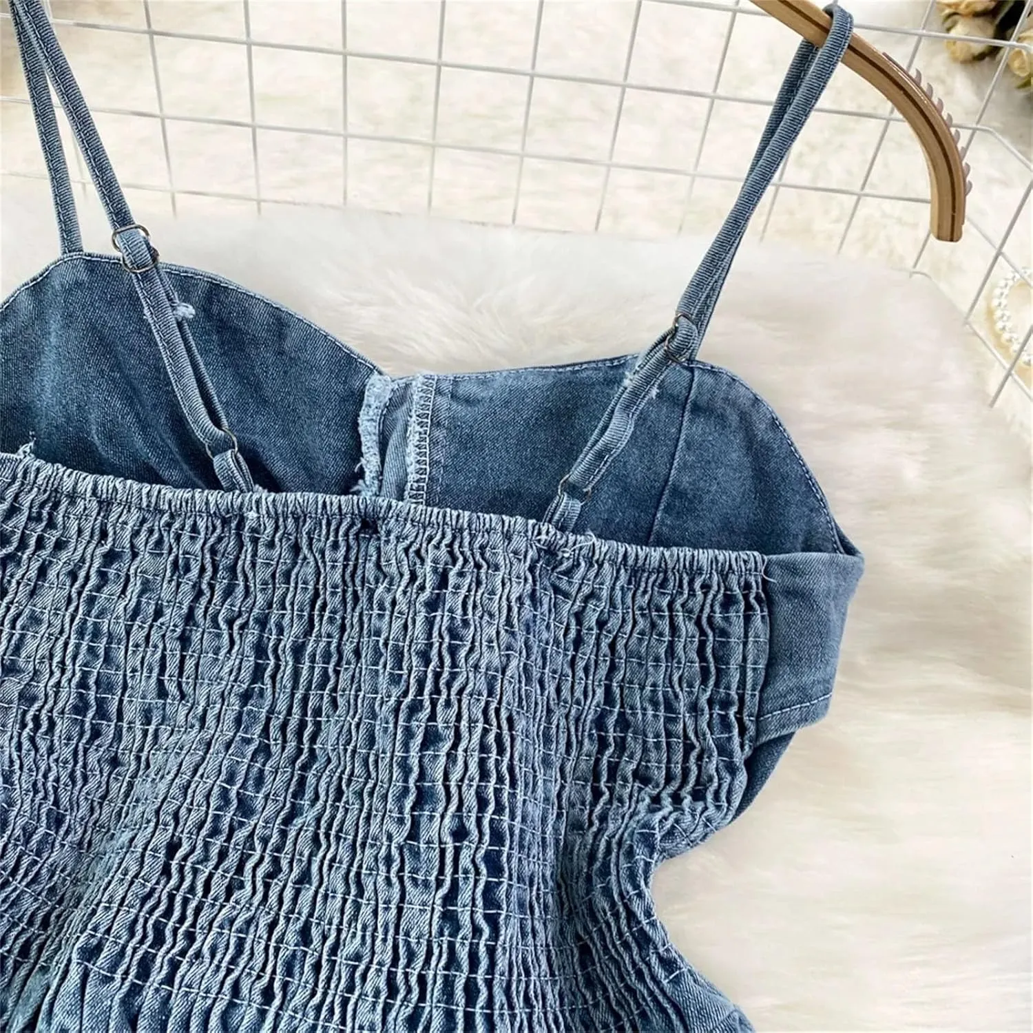 Women's Summer Sweet Crop Denim Camisole Stretchy Folds Irregular Camis Split Tank Tops